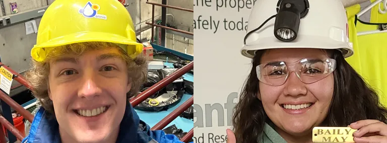 Noah Everett and Baily May in two side by side photos, both are wearing hard hats.  