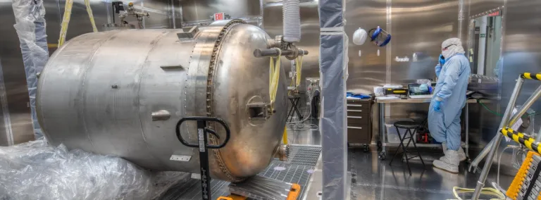 The tank for LZ in a clean room on its side being tested 