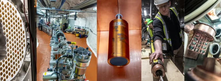 Four images showcasing the science at SURF - one of LZ Photomultiplier tubes, one of a copper detector, one of a person doing geologic research and one of the Majorana Demonstrator Project copper detector 