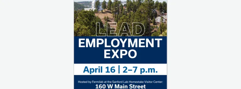 a flyer for the job Fair on April 16 from 2-7 pm at the Sanford Lab Homestake Visitor Center in Lead at 160 W. Main Street