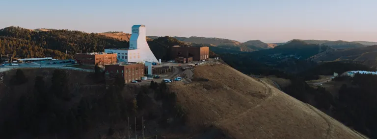 The Yates Campus as photographed from the sky. The Yates Headframe stands above other campus buildings. 