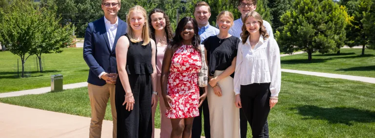 Davis-Bahcall Scholars in 2023 included,  From left to right Connor Matthies, Cara Ronish, Grace Davis, Ike-Njoku Theresa Ahunna, William Kuhl, Sophie Schmid, Joseph Bumann, and Laura Jensen. Photo by Stephen Kenny. 