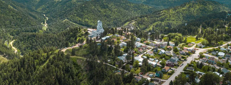 drone overview of Yates Headframe and city of Lead 