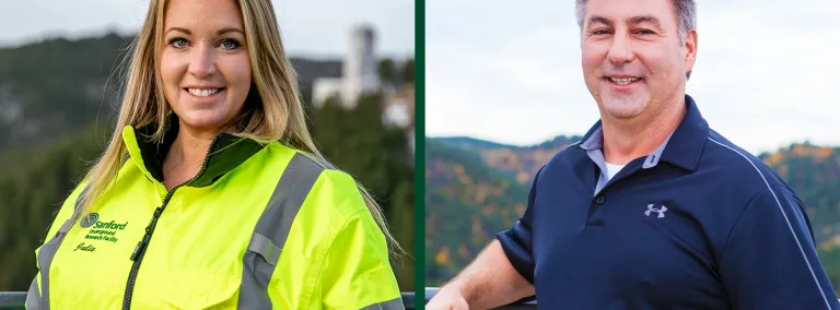 two-photo collage of two people smiling outside