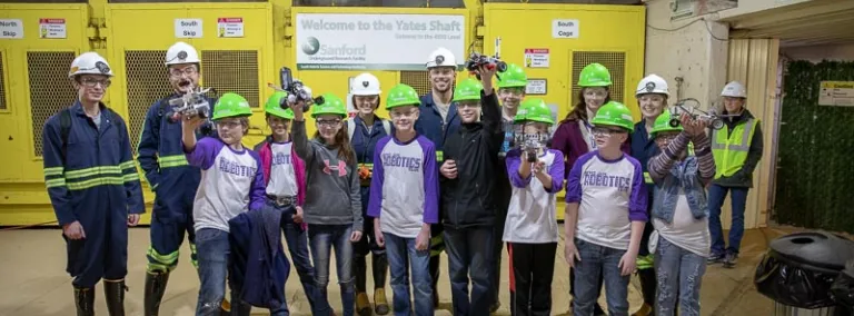 Students and mentors stand on the Yates Ramp before the competition. 