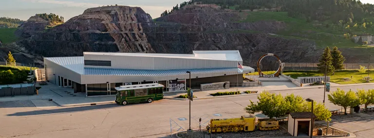 The Visitor Center is seen from above in this drone image. 