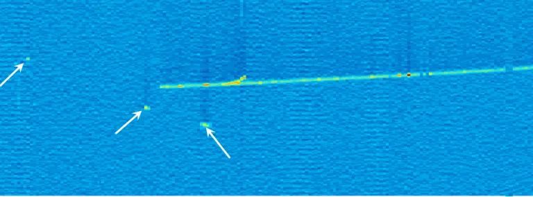 Display shows trail of high-energy particle in liquid argon.