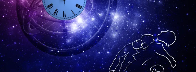 Graphic of a clock in the upper right corner. Male and female outlines in the bottom right corner. The background is a starry universe.