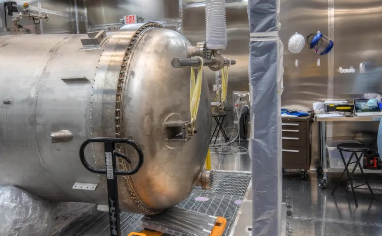 The tank for LZ in a clean room on its side being tested 