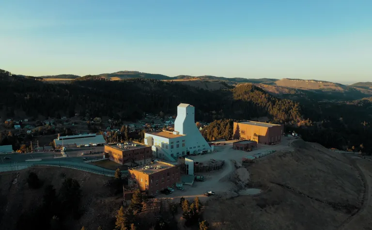 a drone photograph of the Yates Headframe and surrounding buildings 