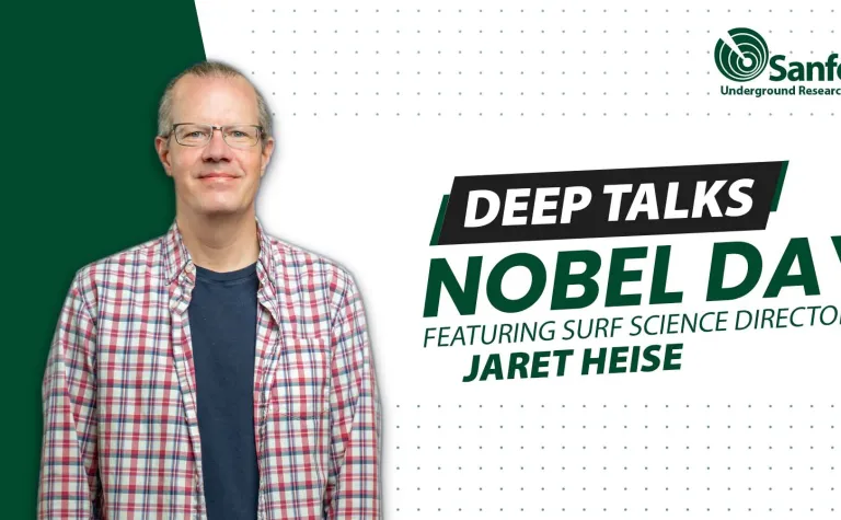 graphic includes a photo of a person smiling and the text "Deep Talks: Nobel Day featuring SURF science director Jaret Heise"