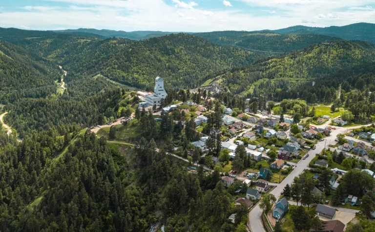 drone overview of Yates Headframe and city of Lead 