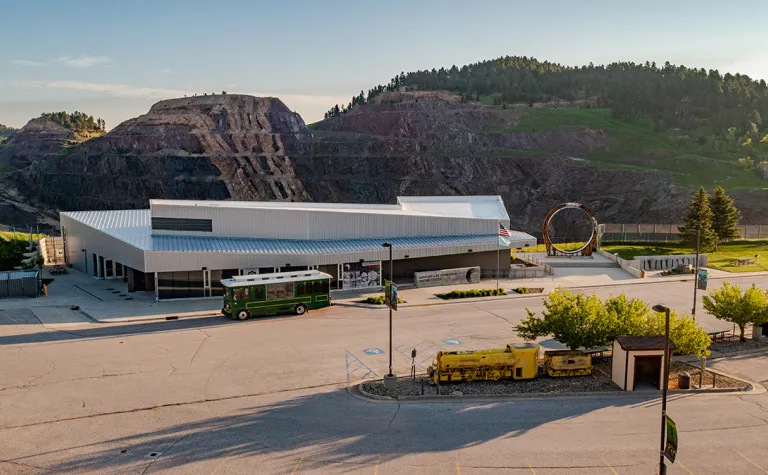 The Visitor Center is seen from above in this drone image. 