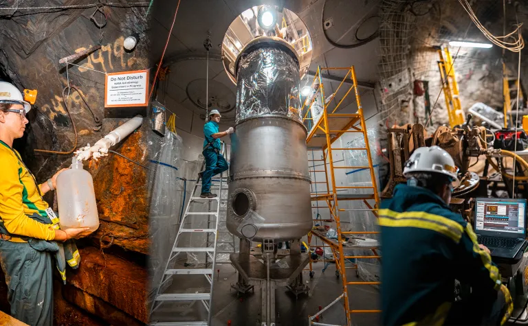 a collage of photos showing researchers involved in various science activities underground