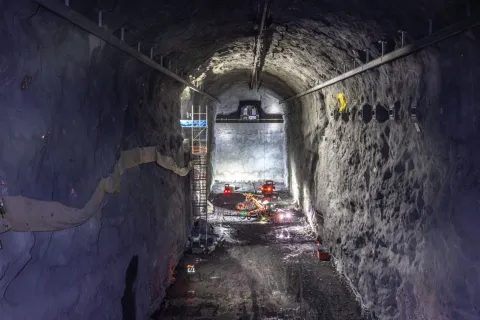 A bird’s eye view of one of the large caverns, showing equipment and poeple for scale.  