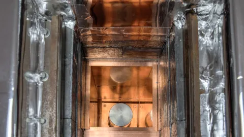 the copper clad inside of a low background radiation detector located underground at SURF.