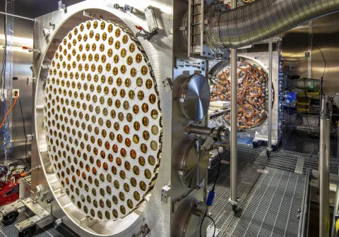 Lower (left) and upper photomultiplier tube arrays are prepared for LZ at the Sanford Underground Research Facility in Lead, South Dakota. (Credit: Matt Kapust/SURF)