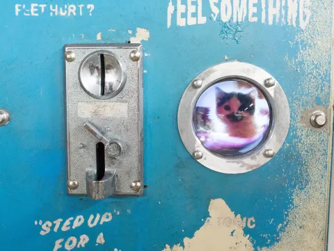 One of Combs artworks showing a vending machine and an image of a cat. 