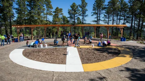 A group of people planting at Čhaŋgléška Wakȟáŋ on June 12, 2024